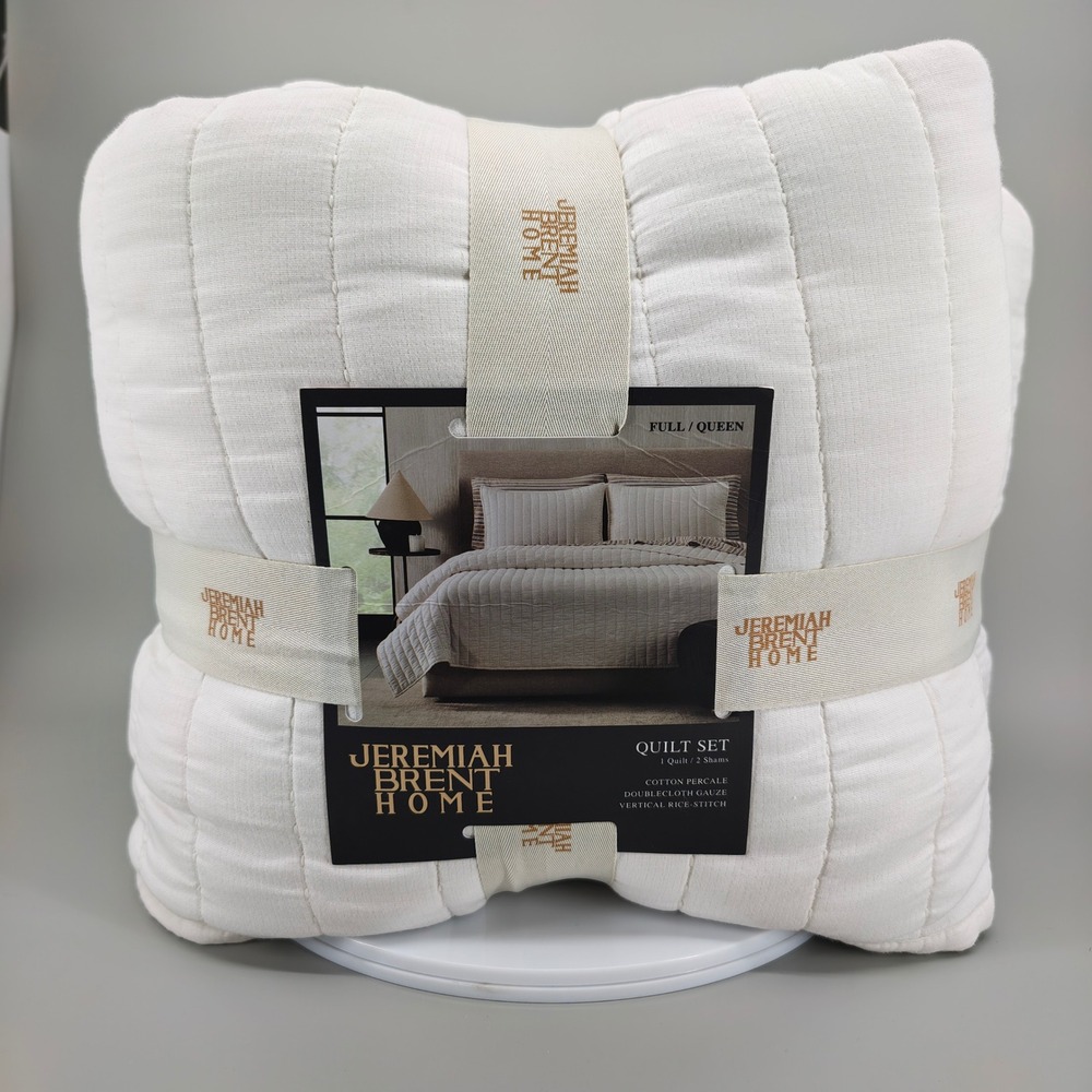 Jeremiah Brent Home Full Queen Quilt Set Cream Vertical Rice Stitch 3pc